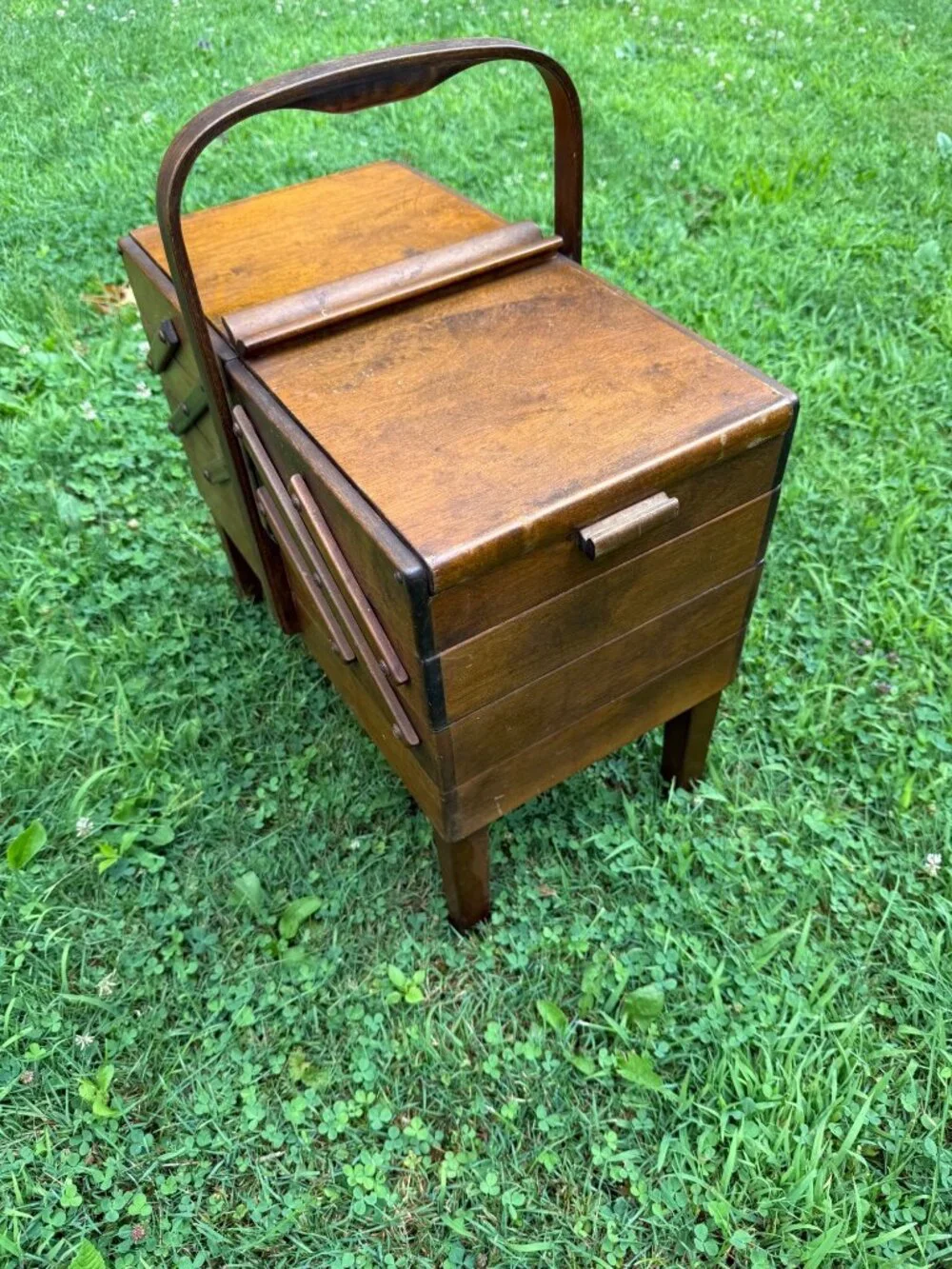 Vintage Stommen Bruk Hamar Norway Wooden Accordion Sewing Box MCM